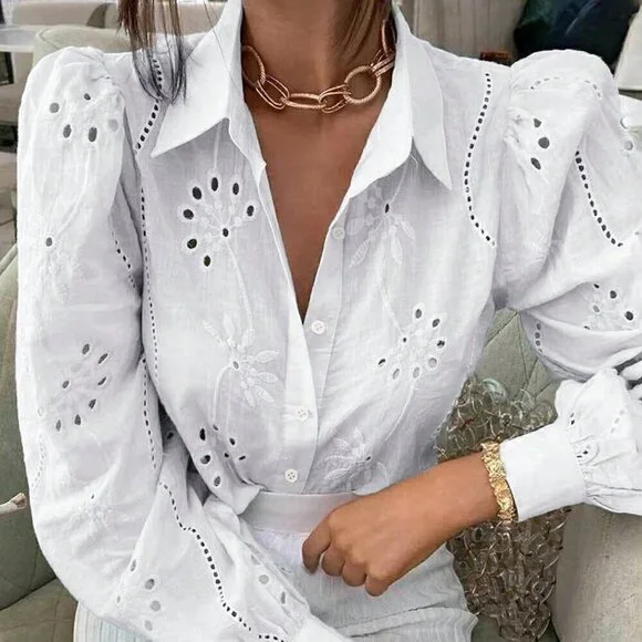 White Casual Women's Hollow Out Embroidery Button Front Long Sleeve Shirt - Picture 3 of 5